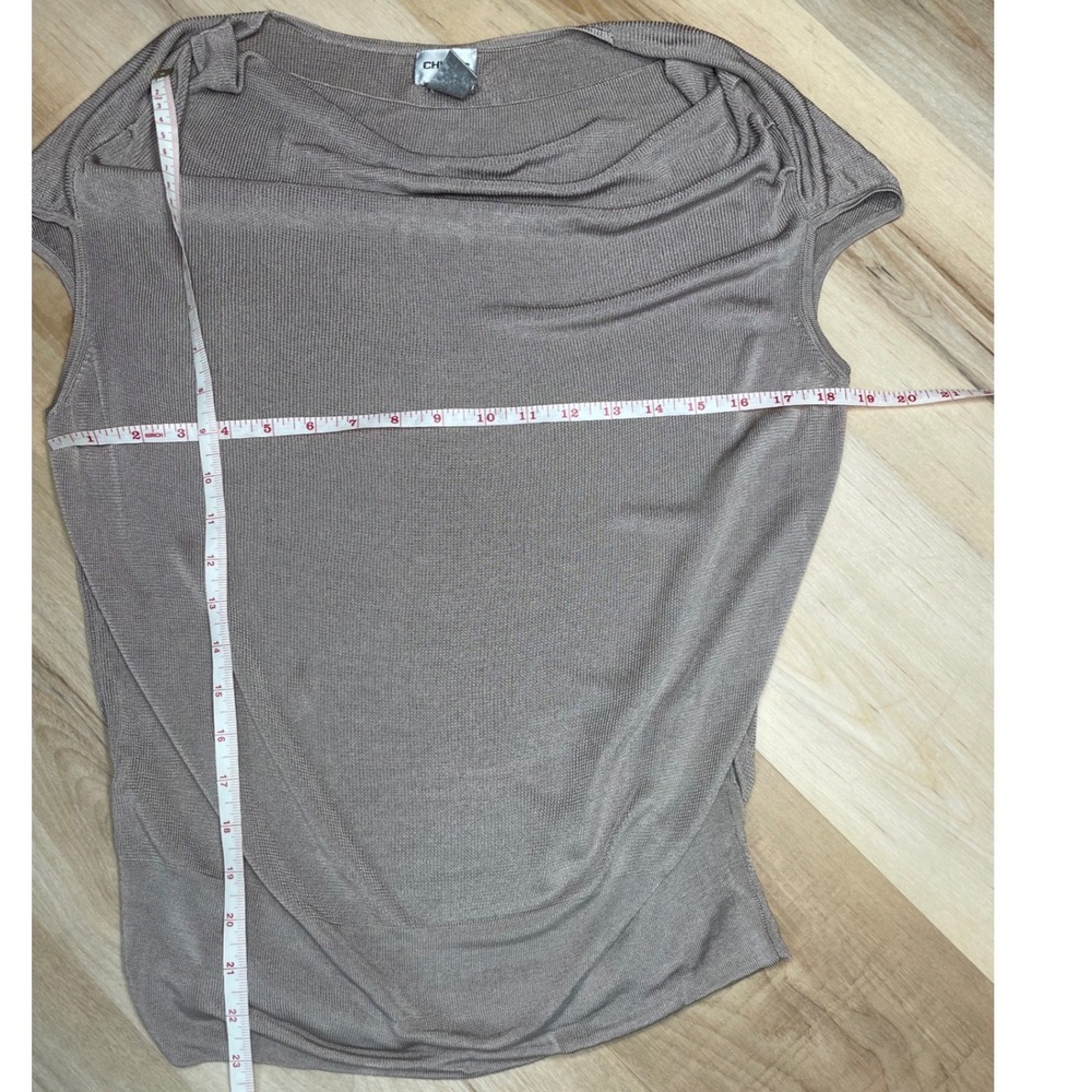 Chico's Size 2 Taupe Metallic Cowl Neck Knit Top Short Sleeve Rayon Blouse - Picture 5 of 9